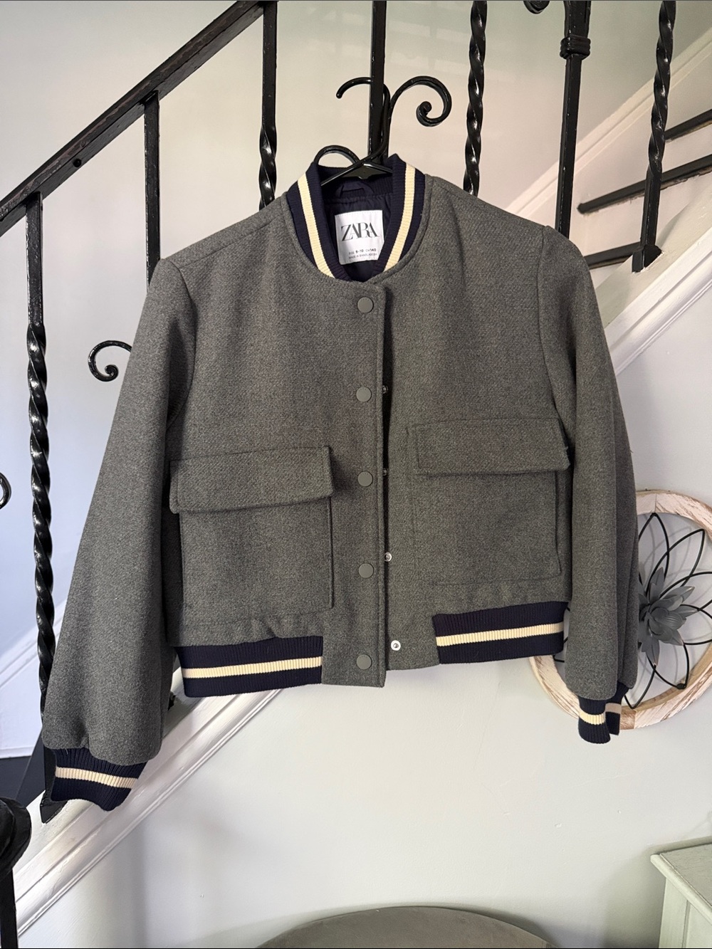 ZARA Grey Bomber Jacket with Navy & Cream Trim